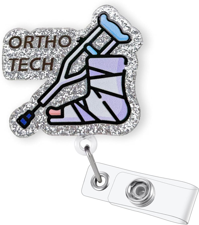 Bydevia Glitter Ortho Tech Badge Reel Retractable, Funny Orthopedics Badge Reel for Work, Radiology X-Ray Tech Badge Holder Gifts, Rehab Nurse Badge Clip, Ortho Nurse Badge ID Holder with Alligator Clip - Image 1